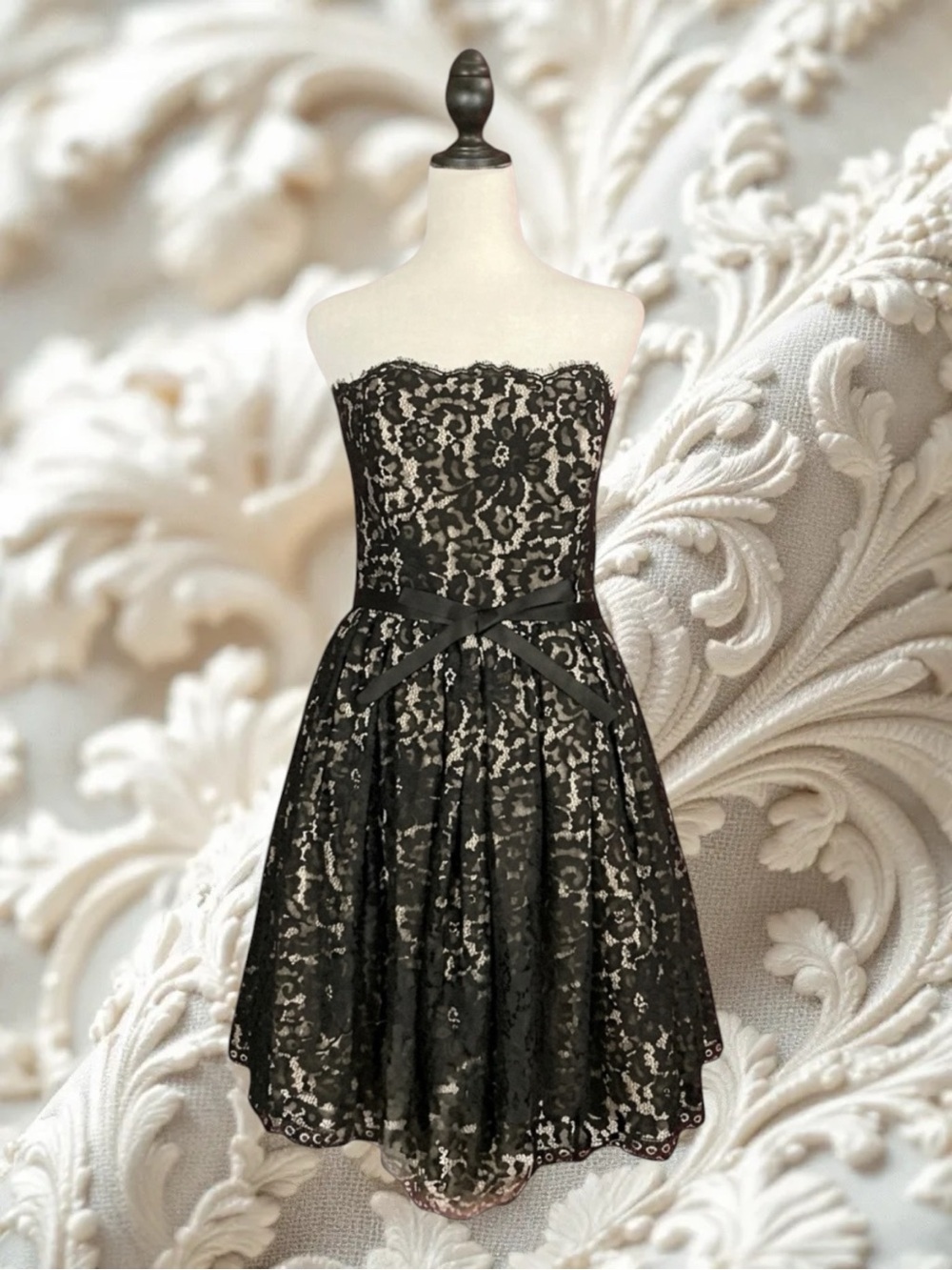 Robert Rodriguez Neiman Marcus Coquette Black Lace Bow Strapless Formal Dress 10